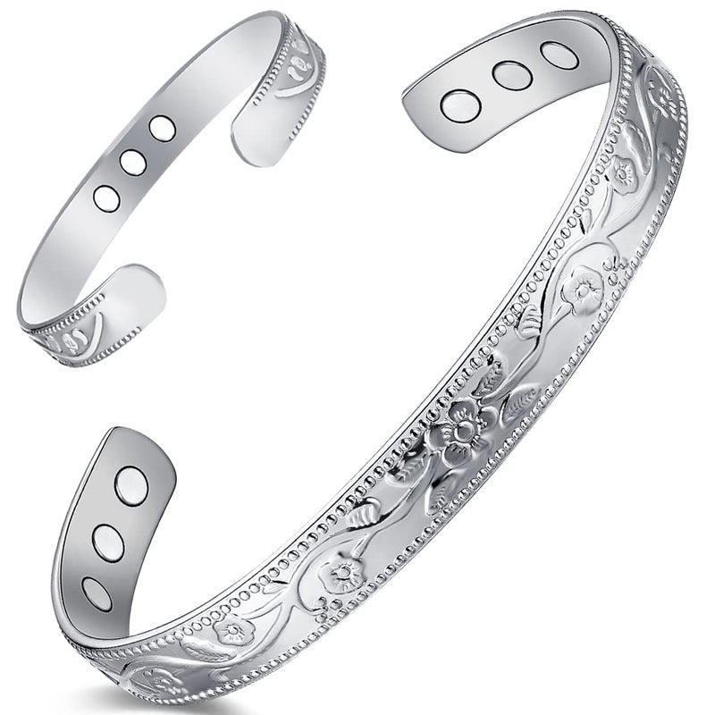 Cigmag 9X Lymphatic Drainage Copper Bracelet for Women Ultra Strength Magnet Solid Pure Copper Magnetic Bracelet Adjustable Cuff Bangle with Present Box (Silver Flower Pattern)